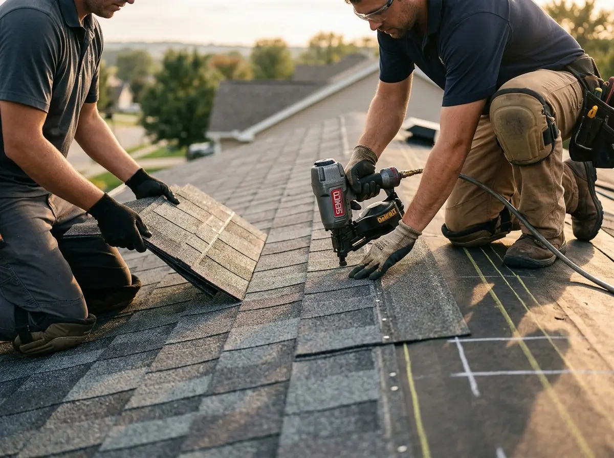 Professional roofer working on a residential roof in The Meadows
